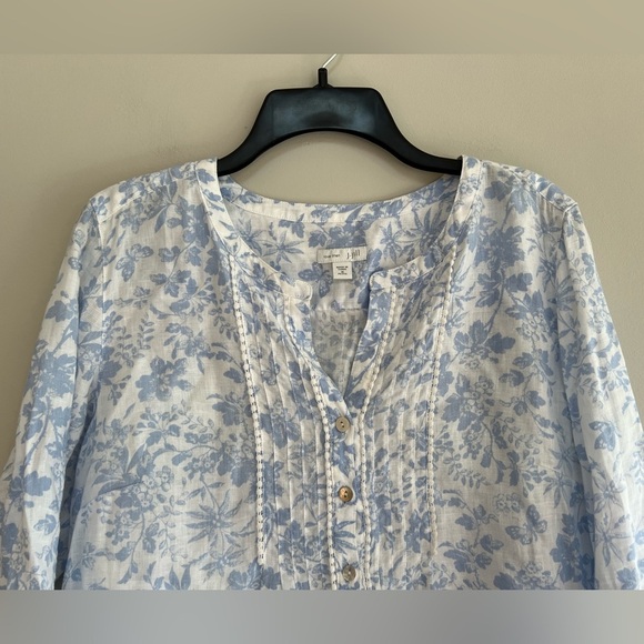 J. Jill Love Linen Pintuck Popover Blue and White Floral Tunic Blouse, MP - Picture 10 of 10